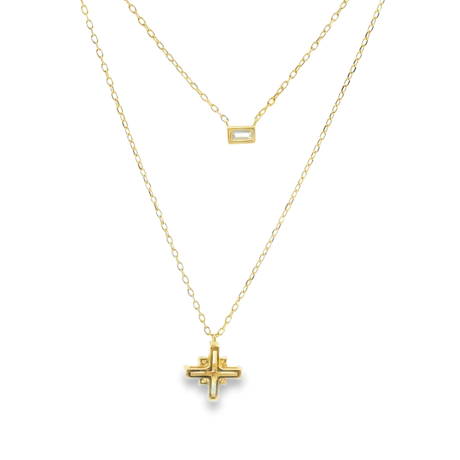 Multi-Strand Necklace with Baguette and Cross Pendants - Image 3